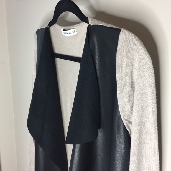 Zara Knit colour blocked faux leather and tan waterfall cardigan - Sz M - Picture 7 of 8